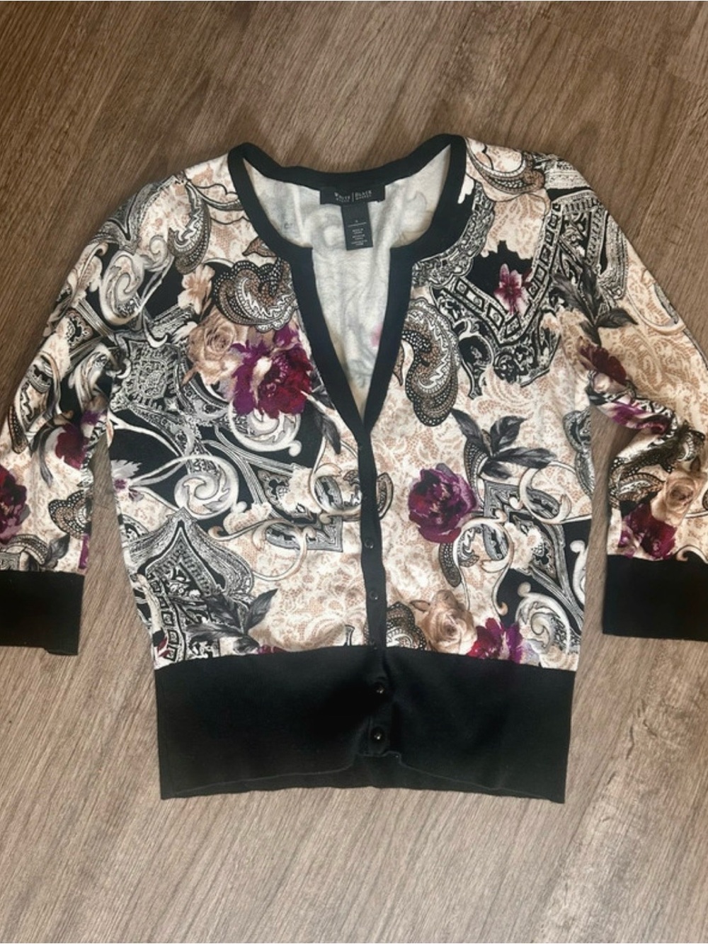 White House Black Market Black & Cream Paisley Floral Cardigan